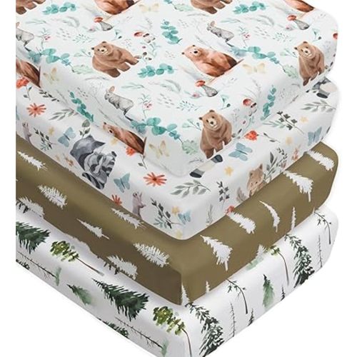 4 Pack Woodland Forest Animals Crib Sheets Neutral Unisex Fitted Baby Mattress Sheet Set for Baby Boys or Girls (Bear)