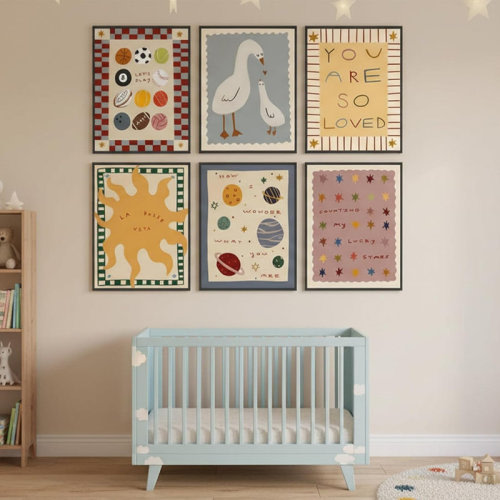Ebern Designs Whimsical Animal & Sun Wall Decor, 6 Pieces with Black Framed, 8 x 10, For Nursery & Playroom | Wayfair