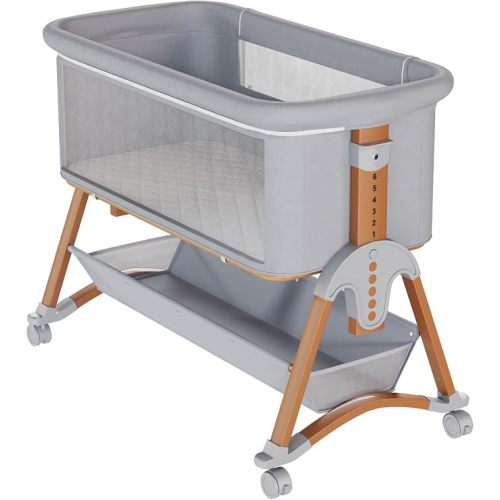 5 in 1 Baby Bassinet, 6 Height Adjustable Bedside Bassinet for Baby, Rocking Crib with Comfy Mattress and Lockable Wheels, Storage Basket, Airflow Mesh, Fast Folding,Wood and Grey