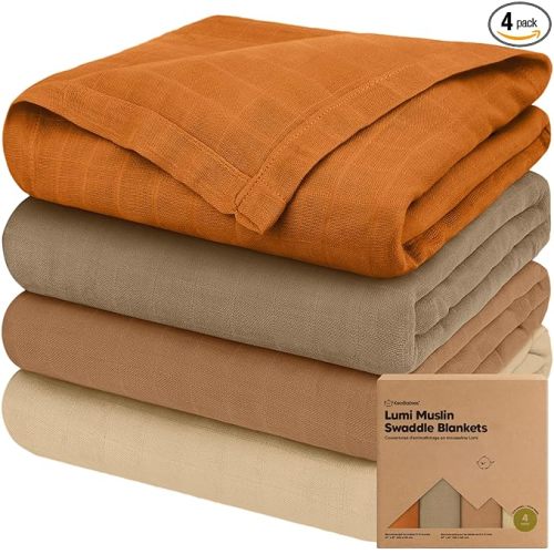 4-Pack Muslin Swaddle Blankets for Boys, Girls - Organic Baby Swaddles for Newborns, Soft & Breathable Receiving Baby Blankets for Girl, Boy, Neutral, Newborn Essentials Gift (Spice)