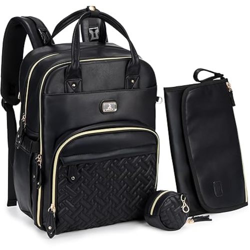 Dikaslon Leather Diaper Bag Backpack with Portable Changing Pad, Pacifier Case and Stroller Straps, Large Unisex Baby Bags for Boys Girls, Multipurpose Travel Back Pack for Moms Dads, Black