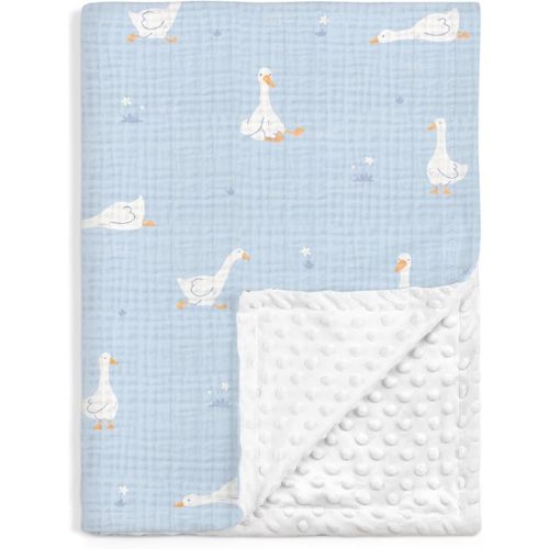 SANDJEST Little Goose Minky Muslin & Dotted Blanket 30x40 in Gift for Holiday, Gender Reveal Party, Hospital Visit, Baptism