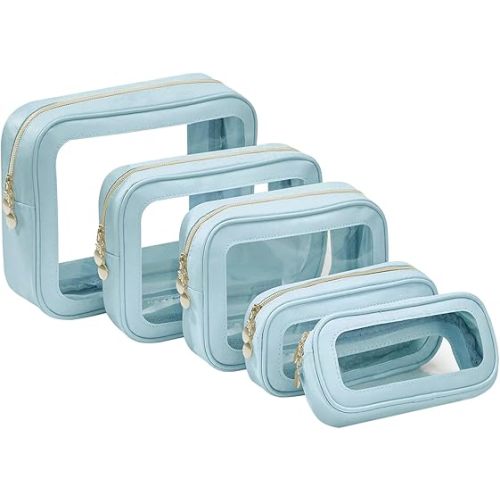 5PCS Diaper Bag Organizer Pouch Set, Clear Organizer Bags, TSA Approved Toiletry Bag, Clear Waterproof Cosmetic Bags with Zipper, Purse Organizer Pouches, Travel Organizer Bags for Woman and Kids Blue