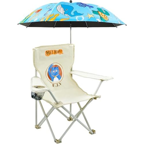 Kids Beach Folding Camping Chair - Kids Camping Chair with Outdoor Umbrella - Lightweight and Sturdy - for Beach Outdoor Camping Picnic (Blue)
