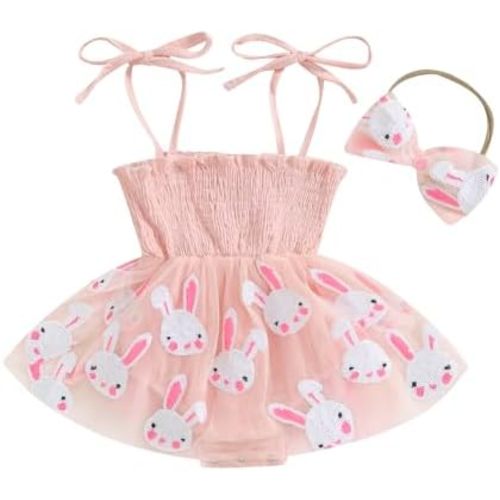 Newborn Baby Girl Easter Outfit Bunny Romper Dress Onesie Sleeveless Halter Tutu Skirt with Headband