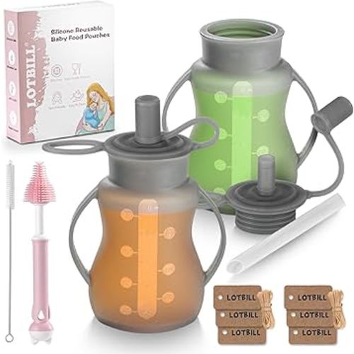 Reusable Baby Food Pouches with Straws for Toddlers, 2 Pack Silicone Baby Food Squeeze Pouches Refillable for Kids,Leakproof, Dishwasher & Freezer Safe, Perfect for Homemade Puree (Black)