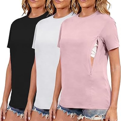Ecavus Women's 3-Pack Nursing Shirts for Breastfeeding with Hidden Zippers Loose Fit Maternity Tops