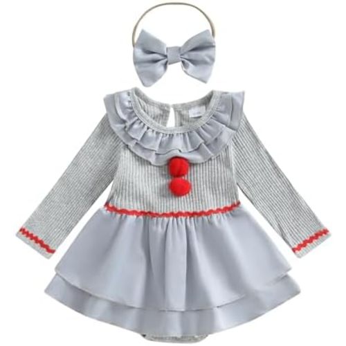 Baby Girl Halloween Outfit Clown Dress Ruffle Romper Long Sleeve Patchwork Doll Collar Onesie Cute Fall Clothes