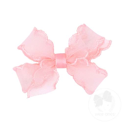 Mini Organza Hair Bow with Scalloped Stitched Edge - PINK | Wee Ones Hair Bows & Accessories