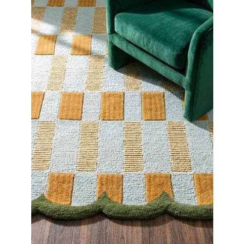 Hand-Tufted Scalloped Wool Area Rug, Modern Plaid Checkered Pattern, Soft & Durable Cozy Accent Rug for Living Room, Bedroom & Nursery, Handmade Decorative Floor Carpet (Light Blue, 4' x 7')