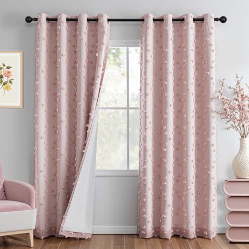 MYSKY HOME Pink Blackout Curtains for Girls Bedroom 84 Inches Long Total Light Blocking Blush Nursery Curtain 2 Panels Room Darkening Grommet Window Drapes with Pom Pom Sheer for Living Room 52W x 84L