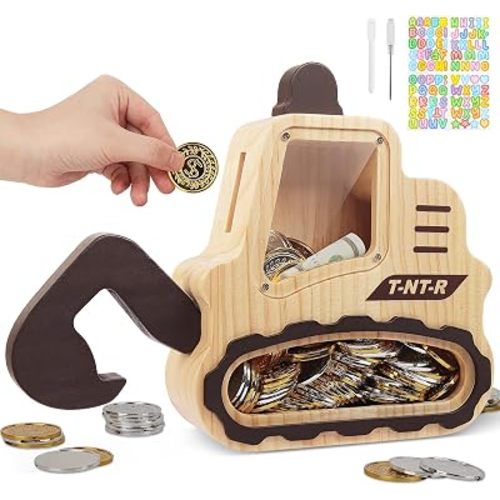 Wooden Piggy Bank for Kids Boys Girls, Personalized Money Bank for Toddlers, Unbreakable Coin Bank, Cute Children Gift for Birthday, Christmas, Thanksgiving, Baby Shower (Excavator)