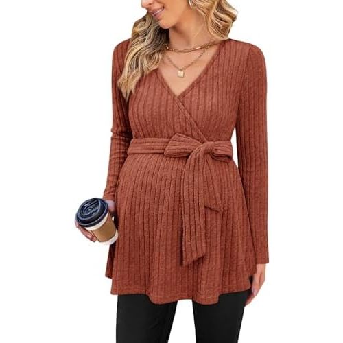 Womens Maternity Shirts Long Sleeve Pregnancy Tops Casual V Neck Ribbed Knit Pregnant Blouses