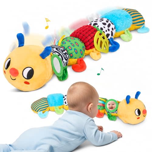 JoyCat Baby Toys 0-18 Months, Musical Crawling Caterpillar Plush Toy - 38 Songs & Recording Feature, Bouncing Tummy Time Toy, Sensory Toys with Crinkle & Textures for Newborn Boys Girl Shower Gifts
