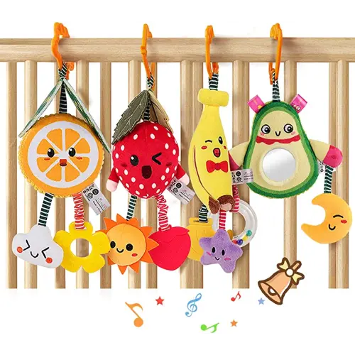 TUMAMA Baby Toys for 3 6 9 12 Months,Hanging Fruit Rattles Avocado,Banana,Orange and Strawberry,Stroller Mobile Toys,Plush Soft Rattles for Boys,Girls Christmas Gifts,4 Pack