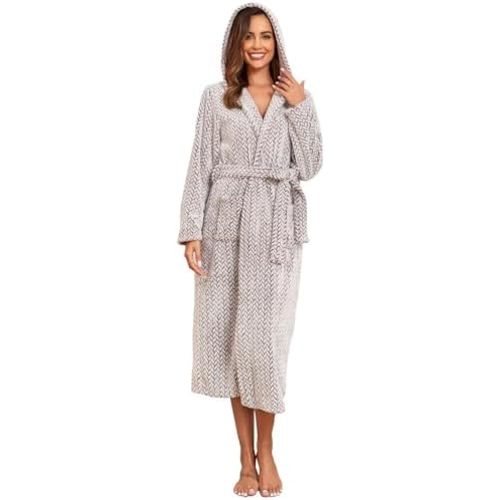 RONGTAI Womens Robes Plush Fleece Hooded Bathrobe Thick Nightgown with Pockets Fluffy Sleepwear