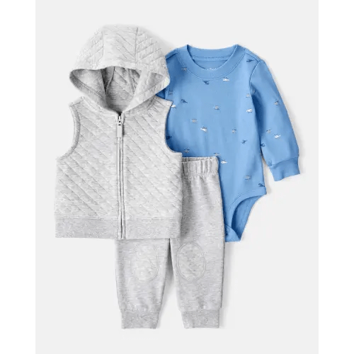 Baby Boy 3-Piece Helicopter Print Long-Sleeve Vest, Bodysuit & Pant Set - Grey | Carter's