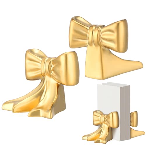 Leinuosen 2 Pcs Gold Bow Bookends Ceramic Cute Book Ends Decorative Book Stand Bow Sculpture Statues Tabletop Shelf Ornament Room Decor for Home Office School Dorm Girl Desk