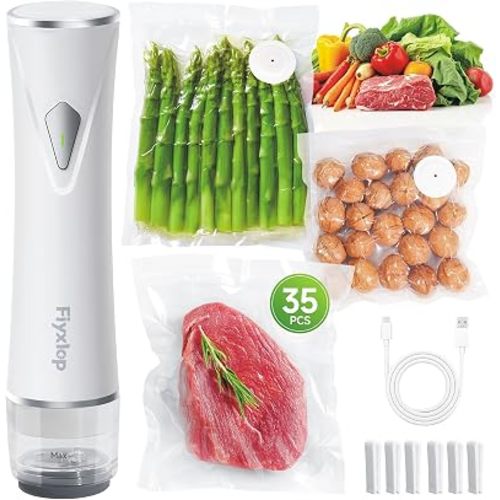 Handheld Vacuum Sealer, Premium Vacuum Sealer for Food + 35 Reusable Sous Vide Bags, Powerful Vacuum Food Sealer for Kitchen, Home, BBQ, Travel, Gifts, Seal Food 6X Fresh Longer