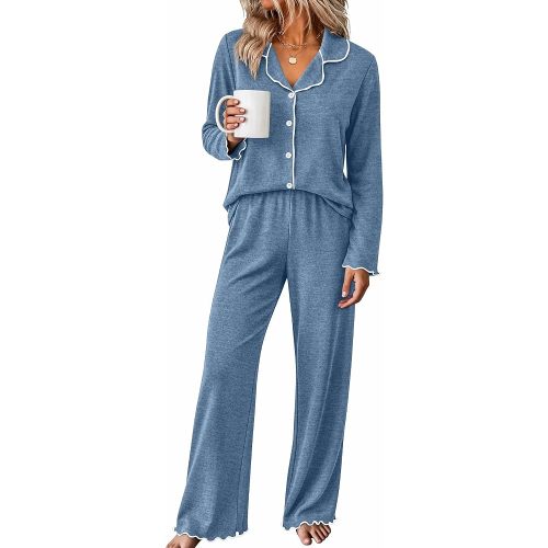 WIHOLL Women's Pajamas Sets Cute Ruffle Long Sleeve Button Up 2 Piece Pjs