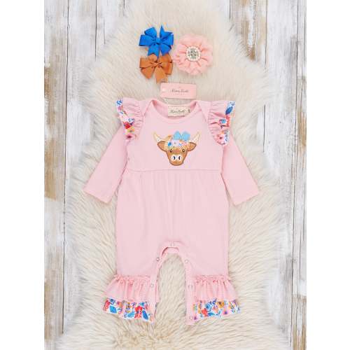 Pink Floral Embroidered Cow Ruffle Romper