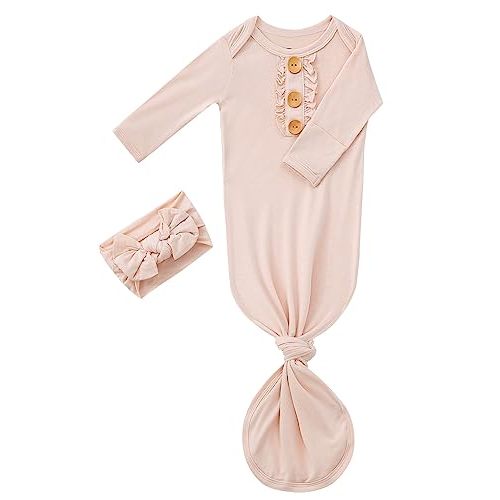 Newborn Baby Girls Knotted Gown Headbands Set Soft Viscose from Bamboo Infant Sleeper Baby Sleep Gown with Mittens