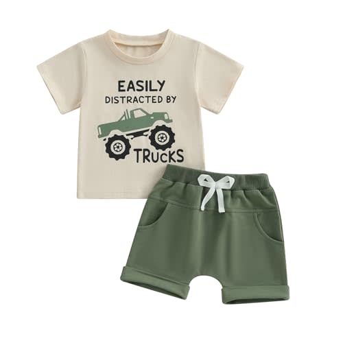 Toddler Baby Boy Clothes Summer Short Sleeve Trucks Tractors Print T-Shirt Tops Solid Color Shorts Set Casual Outfit