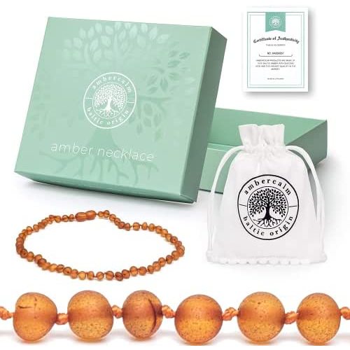 Ambercalm Baltic Amber Necklace - Raw Unpolished Amber Baroque w/ Certified Genuine Baltic Amber Cognac 12.5 Inches