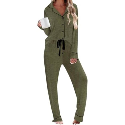 HNG Pajamas For Women Set 2 Piece Pjs Set Long Sleeve Button Up Lounge Set Sleep Wear With Pockets