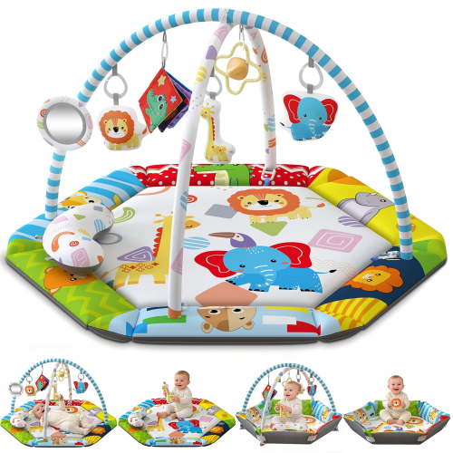 JoyStone Baby Gym Play Mat, Washable Activity Mat with 6 Detachable Toys, Tummy Time for Infant 0-18 Months, Grey