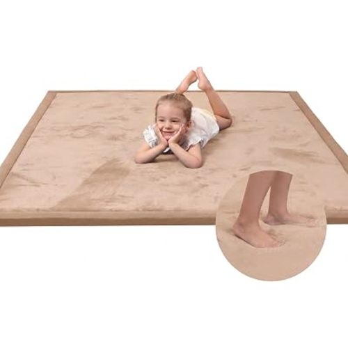 Baby Play Mat for Floor,1.3" Thick Memory Foam Tummy Time Mat,Soft Coral Velvet Nursery Rug,Extra Large Non Slip Crawling Mats for Living Room(Light Brown)