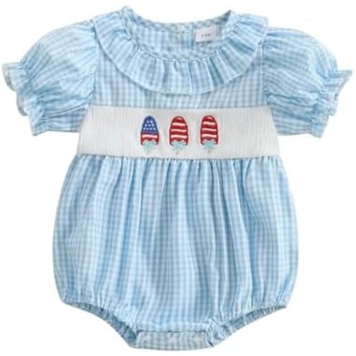 Kupretty Baby Girl Embroidery Smocked Romper Plaid Short Puff Sleeve Ruffle Collar Gingham Bubbles Playsuit Summer Clothes