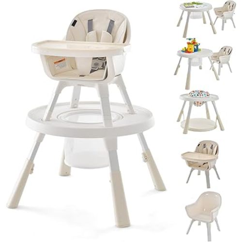HONEY JOY 7 in 1 Baby High Chair, Convertible Highchair for Babies and Toddlers/Infant Feeding Chair/Activity Center, Building Block Table & Stool, Safety Harness, Removable Cushion (Beige)