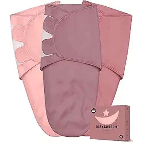 Newborn Swaddle Blanket Wrap 0-3 Months (3-Pack) - Adjustable Infant Sleep Sack, 100% Cotton Anti-Startle Soothing Sack, Soft Breathable Nursery Bedding - Dusty Rose + Pearl + Mauve