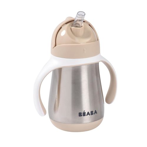 Beaba Stainless Steel Straw Sippy Cup, Insulated Toddler Cups Spill Proof with Removable Handles, Made with High Grade Stainless Steel, 8+ months, 8.5 oz Oat