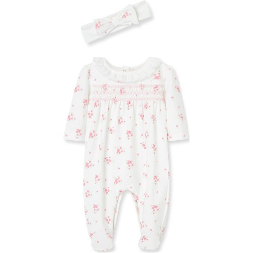 Baby Rose Smocked Yoke Cotton Footie & Headband Set, 6M, Pink