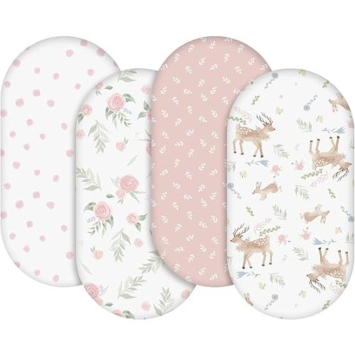 Gllquen Baby Bassinet Sheets 4 Pack, Breathable Cozy Fitted Mattress Sheet, Elastic Travel Crib Fashionable Floral Pattern, Standard Cradle Safe Sheets for Baby Boys Girls 32"x16"(Deer & Rose)