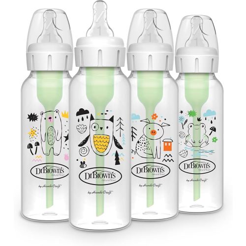 Dr. Brown's Natural Flow Anti-Colic Options+ Narrow Baby Bottle, 8 oz/250 mL, with Level 1 Slow Flow Nipple, BPA Free, 0m+, Bear, Owl, Pig, Frog, 4-Pack