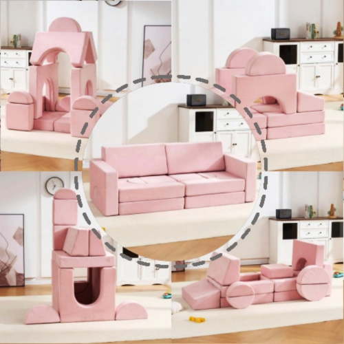 Modular Kids Play Couch 14-Piece Set, Soft Foam Building Block Sofa for Toddlers, Convertible Floor Cushion Activity Playset for Playroom and Nursery, Pink