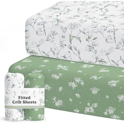 Sorrel + Fern Baby Crib Sheets Neutral, Fitted 2-Pack (Butterfly Garden)