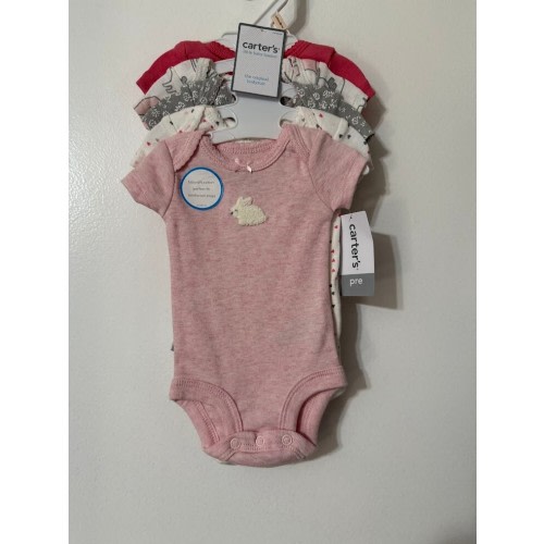 CARTER'S 5 PACK GIRLS BODYSUITS  GREAT COLORS NWT PINK GREY WHITE BUNNY PREEMIE