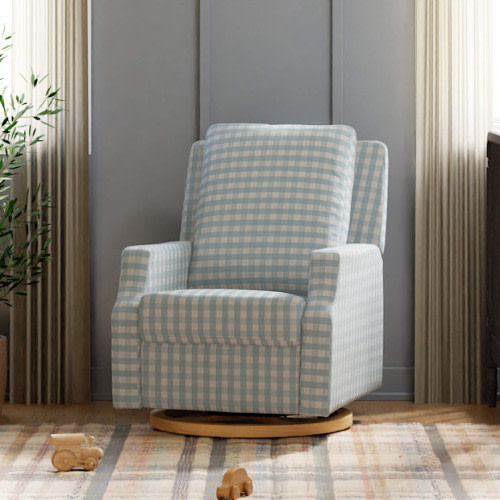 Namesake Crewe Manual Recliner and Swivel Glider - Blue Gingham With Light Wood Base