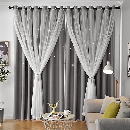 Star Double Layer Blackout Curtains for Bedroom & Kids, 84 Inch Long 2 Panel Set, Grey, 42 x 84 Inch