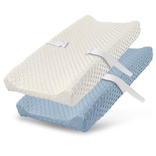 Plush Dot Changing Pad Covers for Infant Newborn Baby Boys or Girls Unisex, Soft Changing Table Sheets Wipeable Diaper Changing Pad Covers (Pristine and Blue)