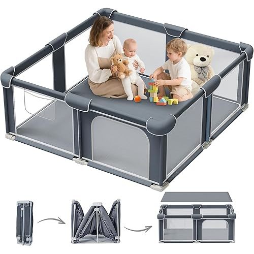 G TALECO GEAR Foldable Playpen for Babies and Toddlers, 50"x50" Portable Play Yard with Mat, Kids Collapsible Play Pen with Sturdy Metal Frame & Mesh Walls, Indoor & Outdoor Baby Fence Play Area