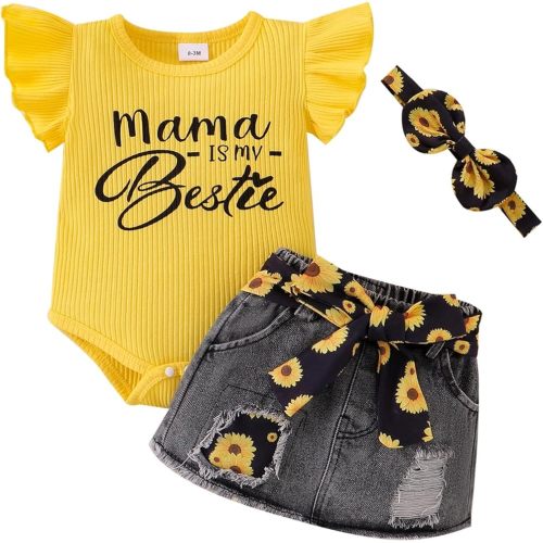 Baby Girl Clothes Newborn Romper Ruffle Sleeve Short Jeans Skirt with Headband Infant Outfits Set 0-18 Months