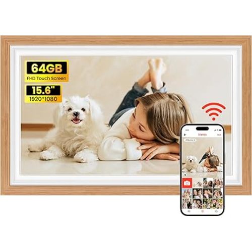 64GB Frameo 15.6" Digital Picture Frame Large 1920 x 1080 IPS FHD Touch Screen WiFi Electronic Photo Frames Share Moments Instantly Anywhere Best Gifts for Parents and Grandparents Natural Wood