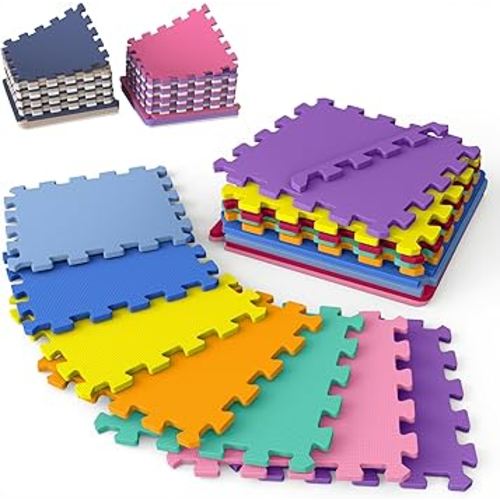 16 Tiles with Borders | 12" x 12" Baby Play Mat Foam Puzzle Floor Tiles | Non-Toxic Soft Waterproof Interlocking EVA Playmat for Nursery Playroom Playpen Toddler Tummy Mat (Rainbow, 16)