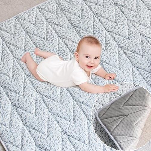 Biloban Baby Play Mat, 50x50 Baby Play Mats for Floor, Thick Foam Floor Playmat for Baby Playpen for Babies & Toddlers, Foldable & Soft One-Piece Crawling Playpen Mat for Kids, Blue Leaf