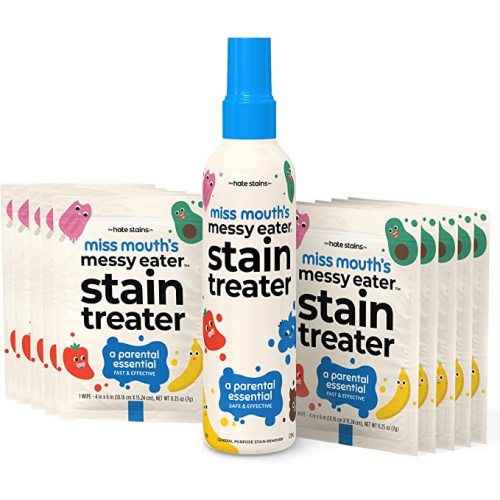 HATE STAINS CO Stain Remover for Clothes - 4oz Spray & 10 Wipes - Newborn & Baby Essentials - Miss Mouth's Messy Eater Stain Treater Spray - No Dry Cleaning Food, Grease, Coffee Off Laundry, Underwear, Fabric - 10 wipes and spray set